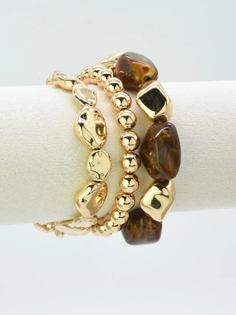Brown Natural Stone and Gold Bracelet Set