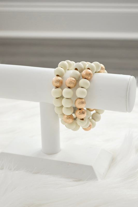 White Wood and Gold Textured Bracelet Stack