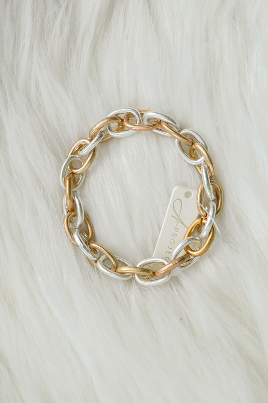 Worn Gold and Silver Link Stretch Bracelet