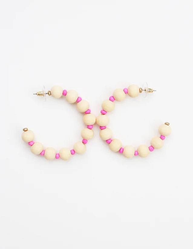 Natural Wood and Pink Bead Hoop Earrings