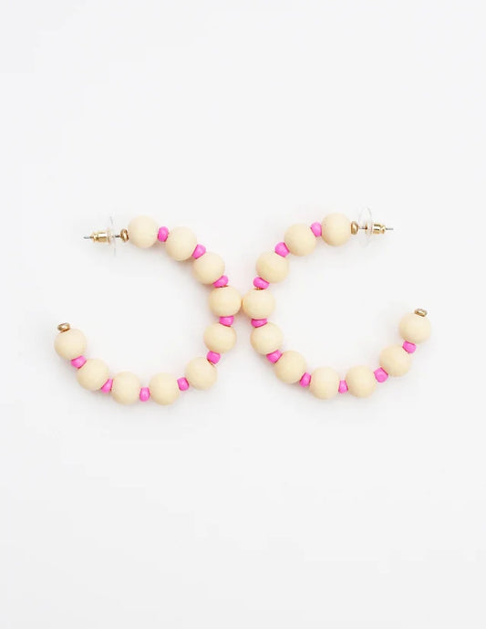 Natural Wood and Pink Bead Hoop Earrings
