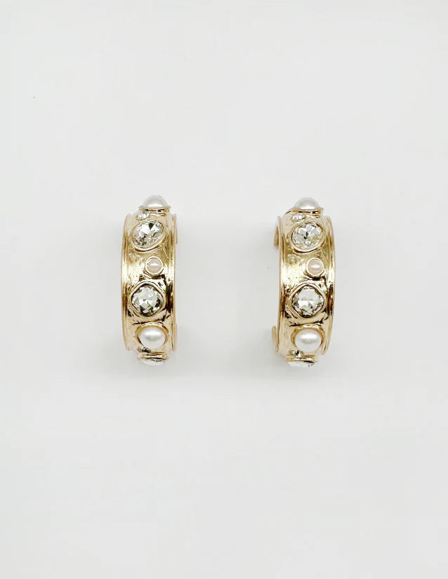 Gold Hammered Hoops with Pearls and Crystals