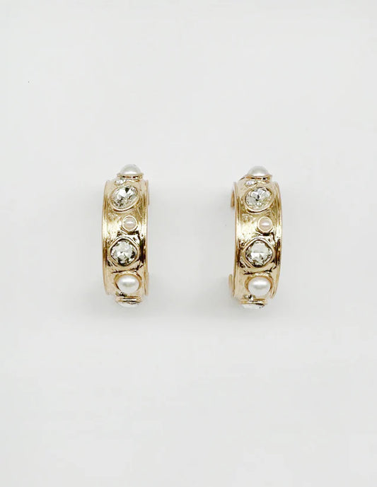 Gold Hammered Hoops with Pearls and Crystals