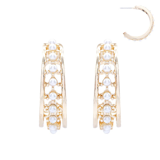 Gold Textured Pearl Hoop Earrings