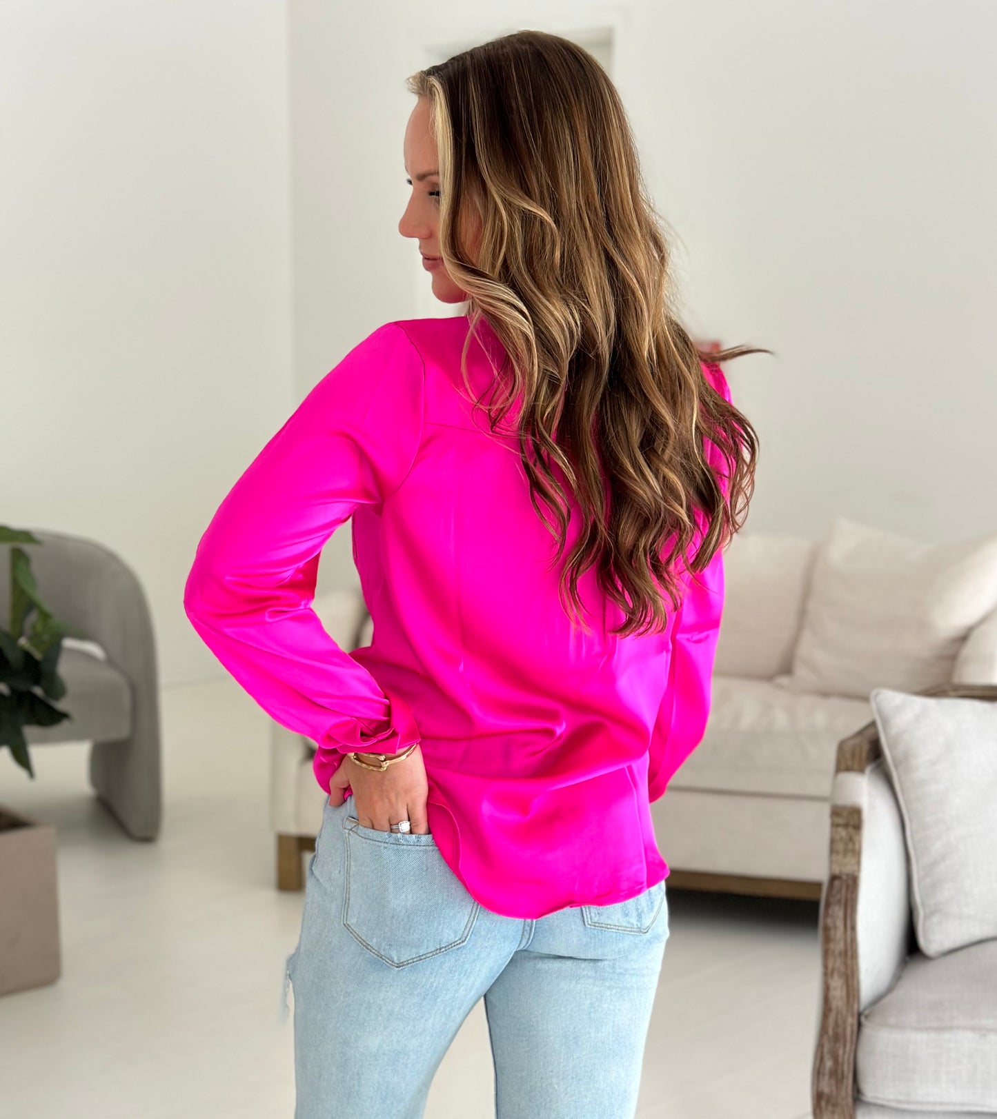 Hot Pink Satin Button Down Blouse