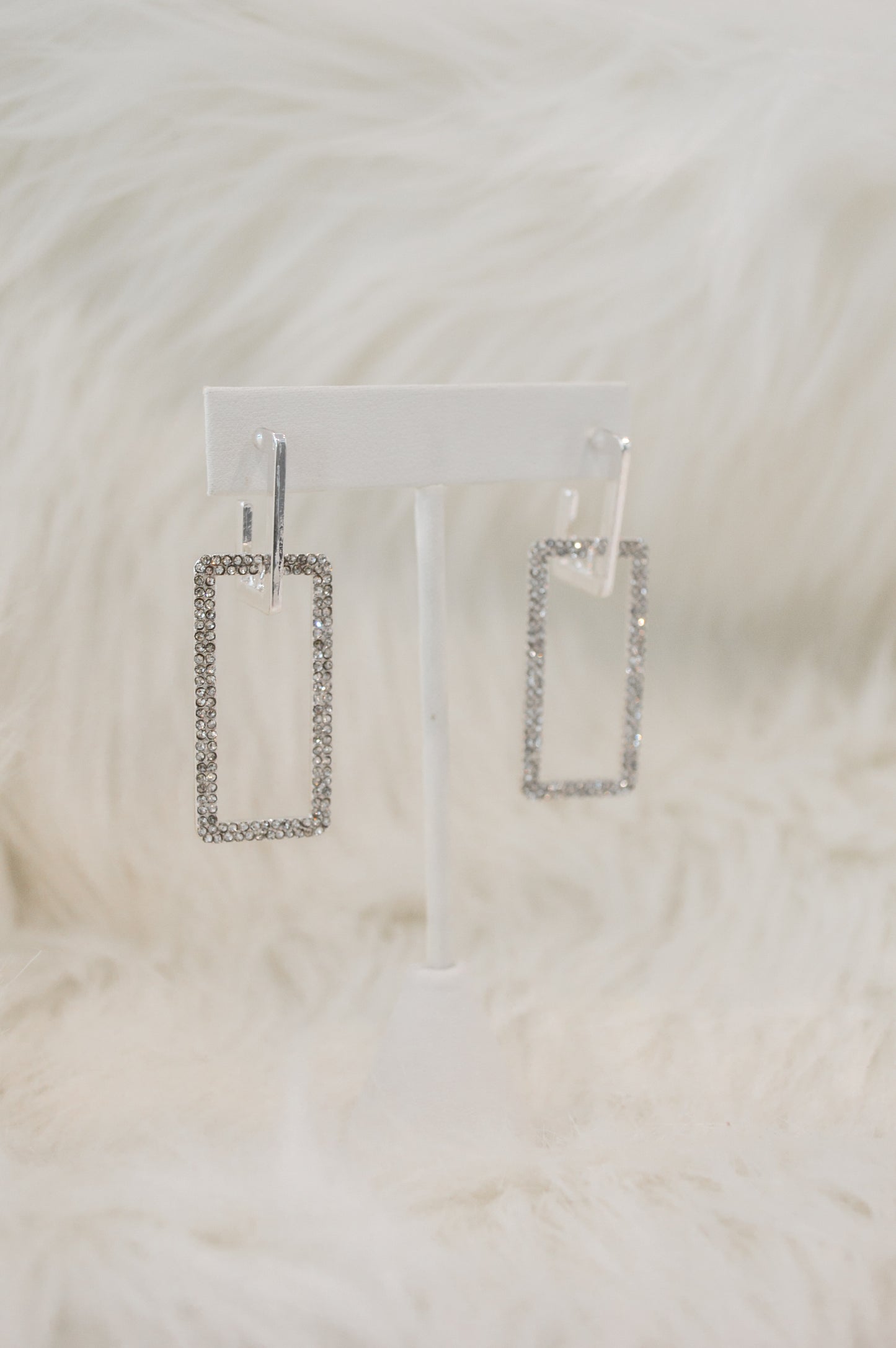 Rectangle Rhinestone Silver Earrings