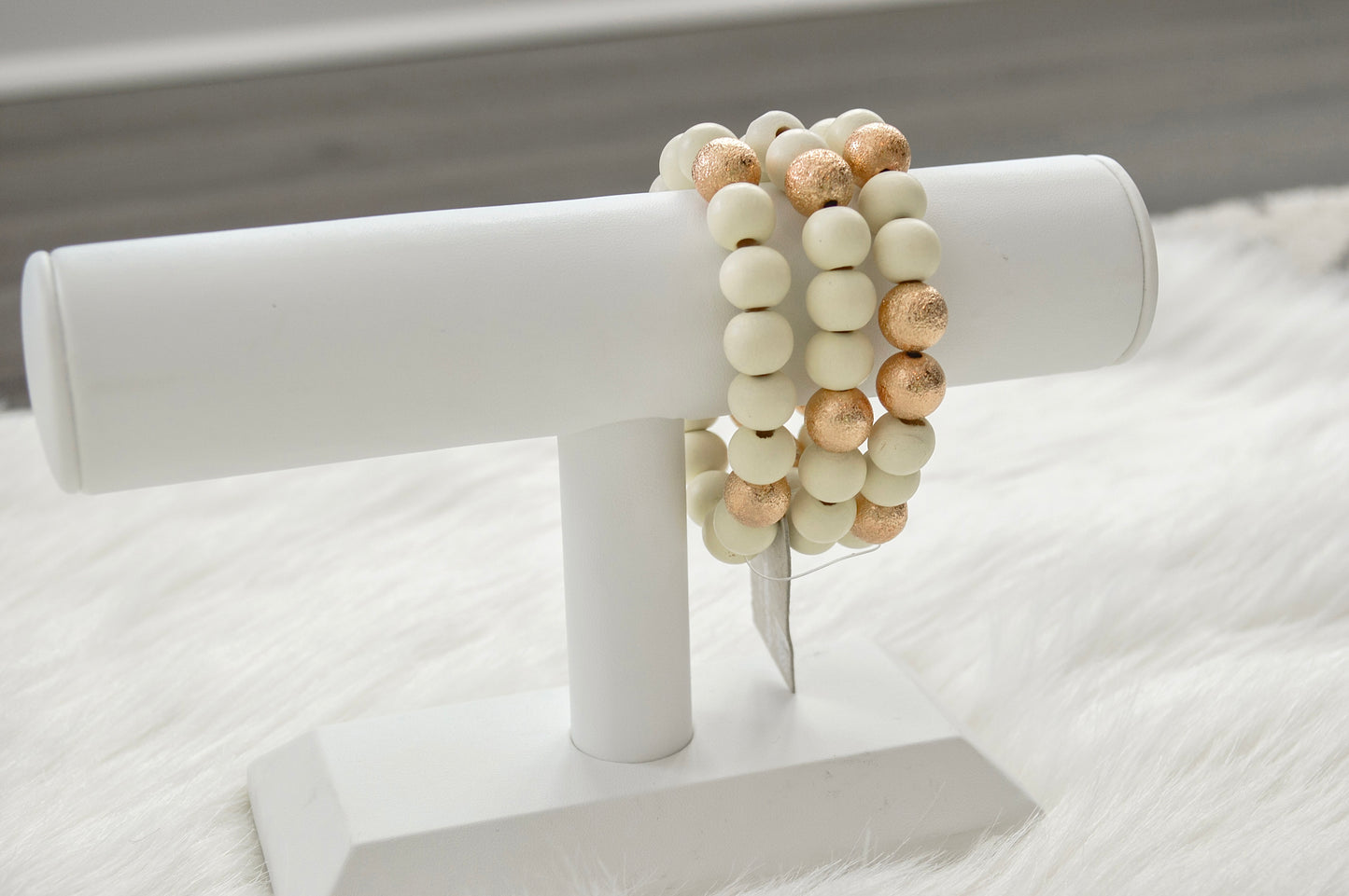 White Wood and Gold Textured Bracelet Stack