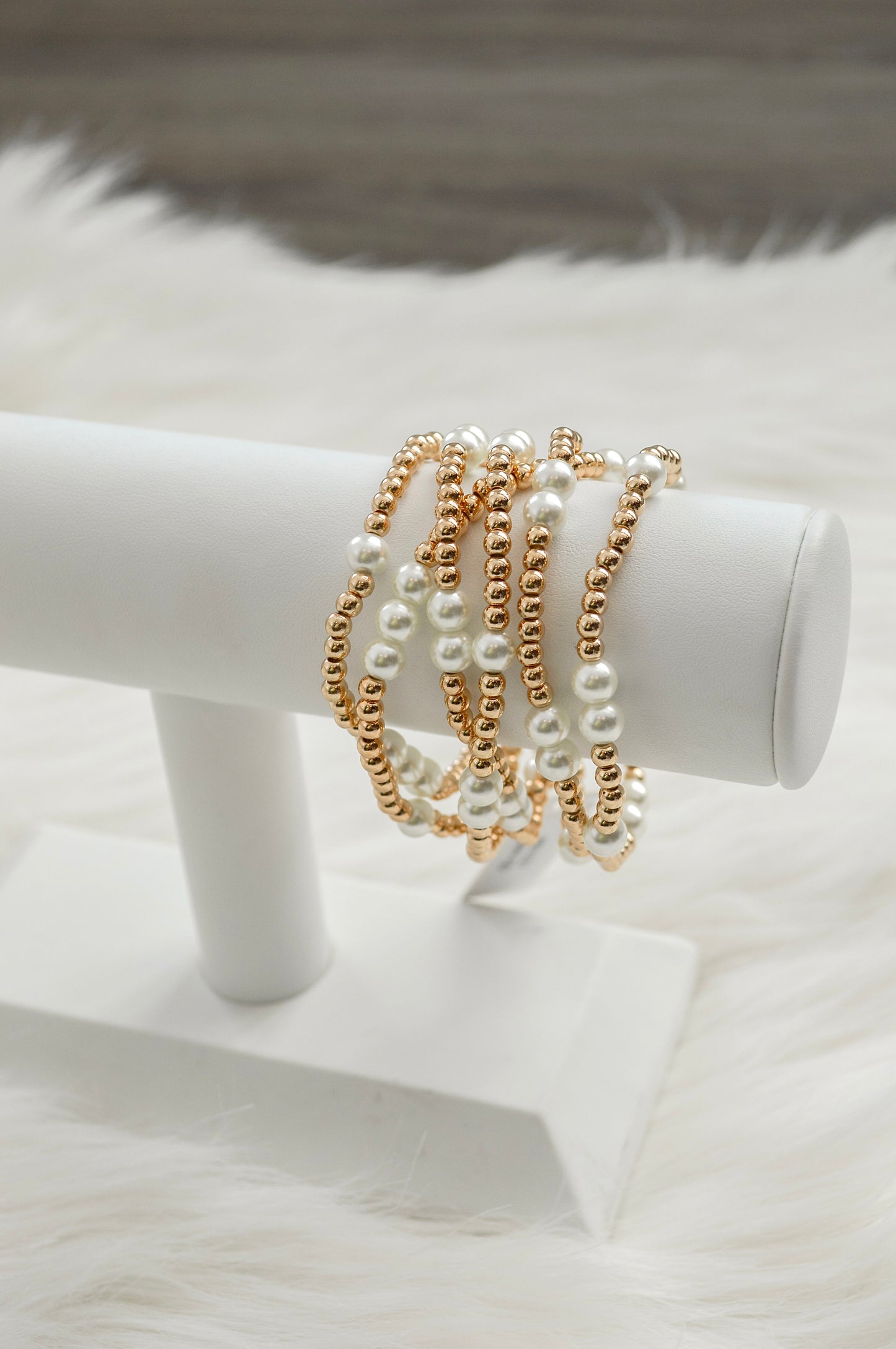 Gold and Pearl Beaded Bracelet Stack