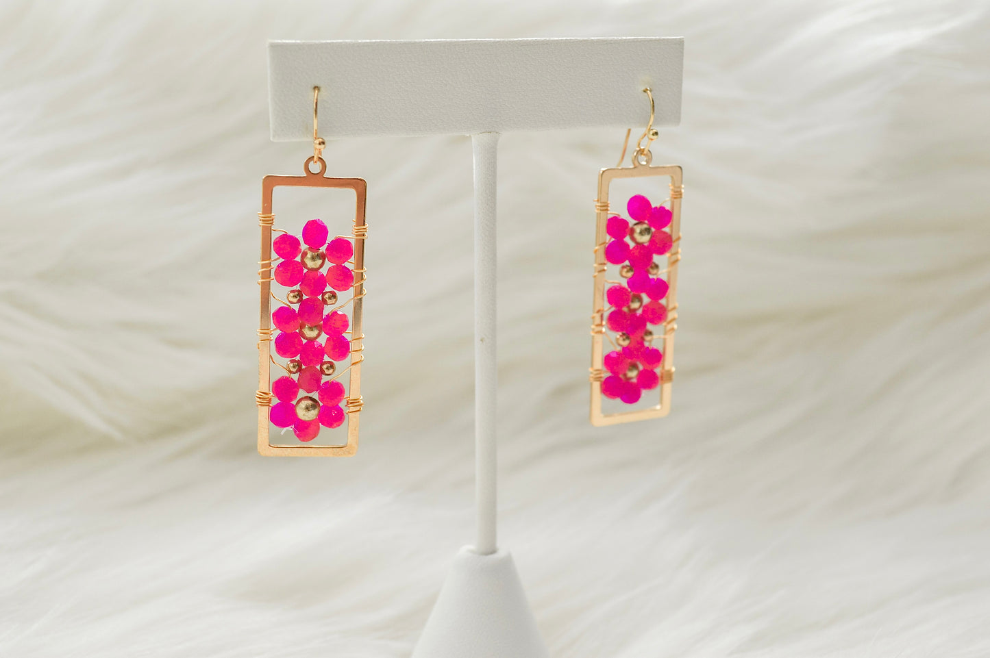 Hot Pink Crystal Flower Drop Earrings