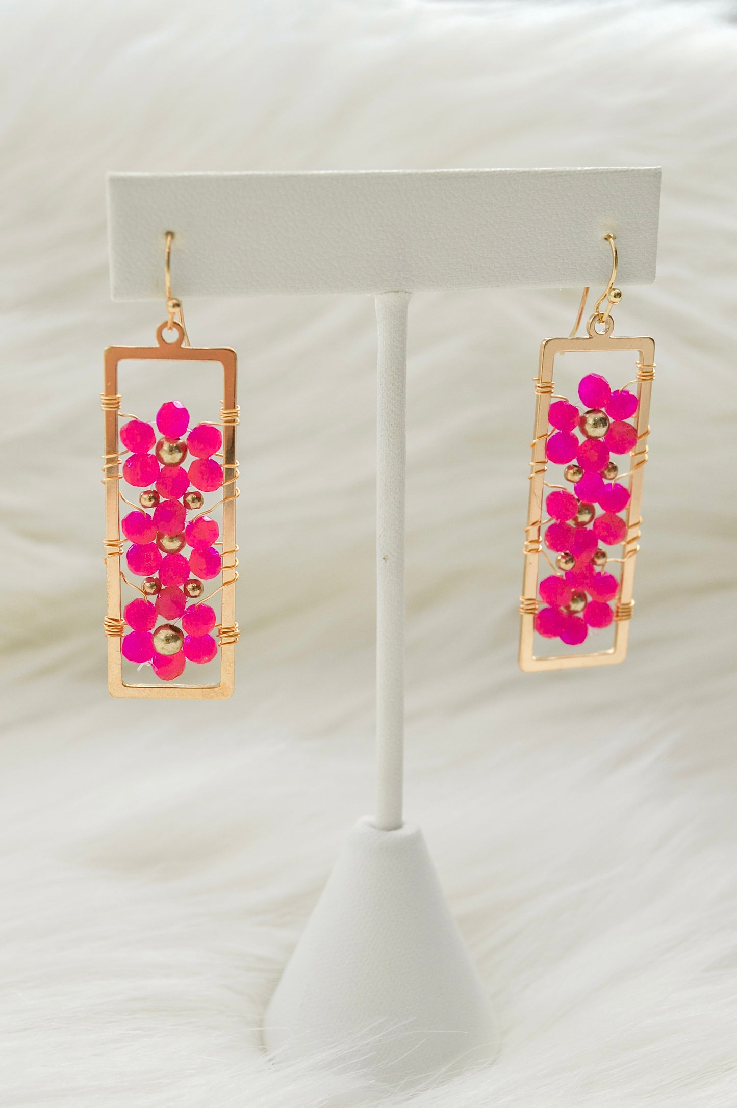 Hot Pink Crystal Flower Drop Earrings