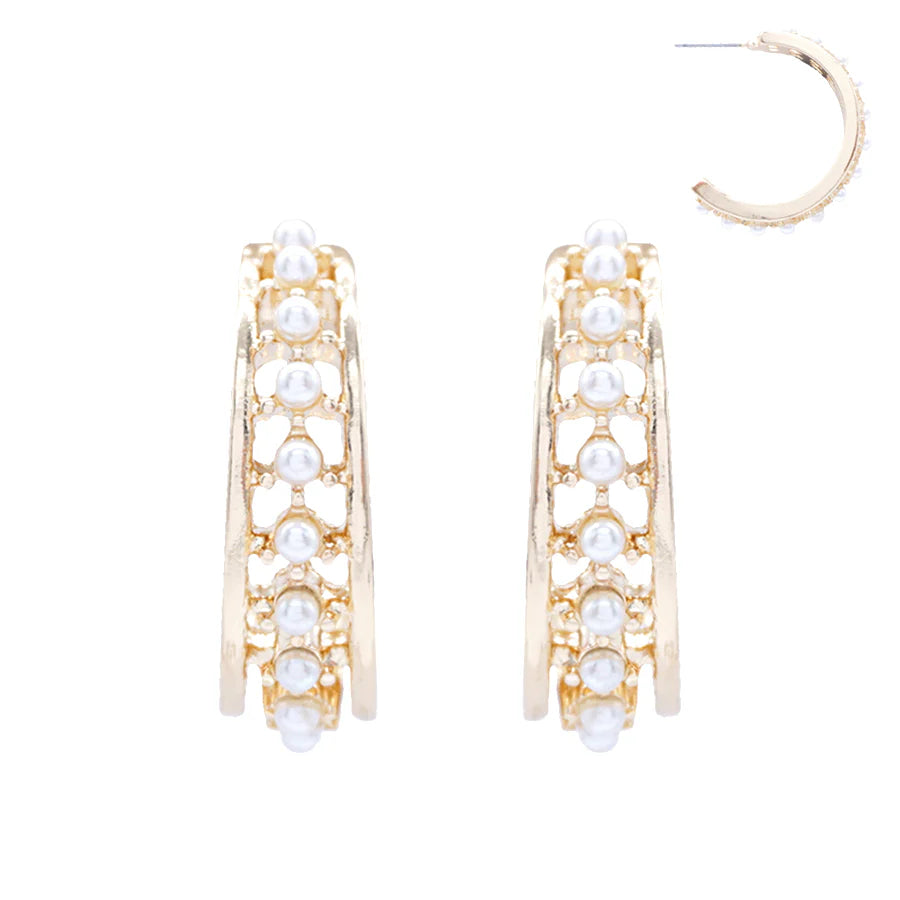 Gold Textured Pearl Hoop Earrings