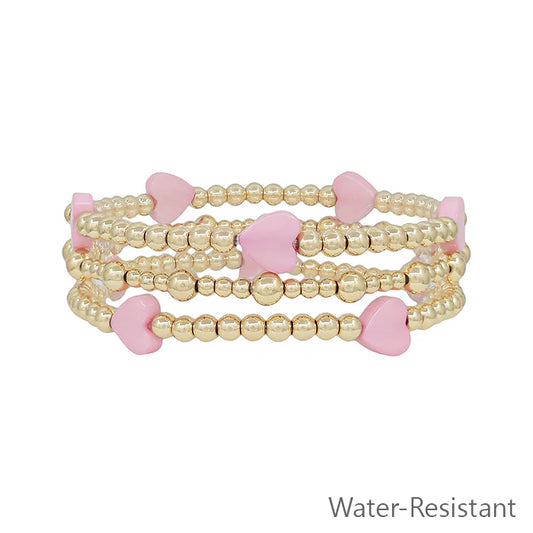 Gold Beaded with Pink Hearts Stretch Bracelets