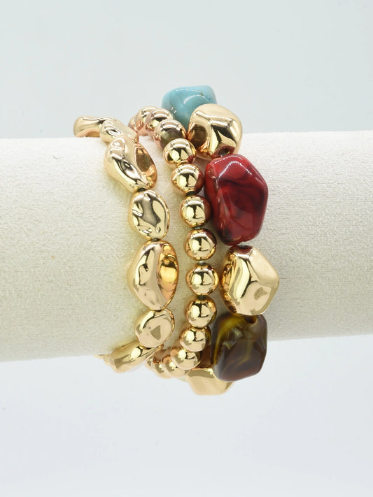 Multi Natural Stone and Gold Stretch Bracelet