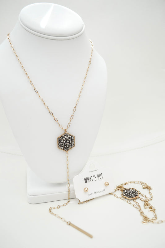 Gold Hexagon Long Necklace & Earring Set