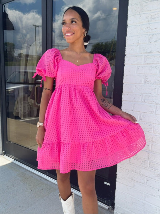 Hot Pink Puff Sleeve Mini Dress