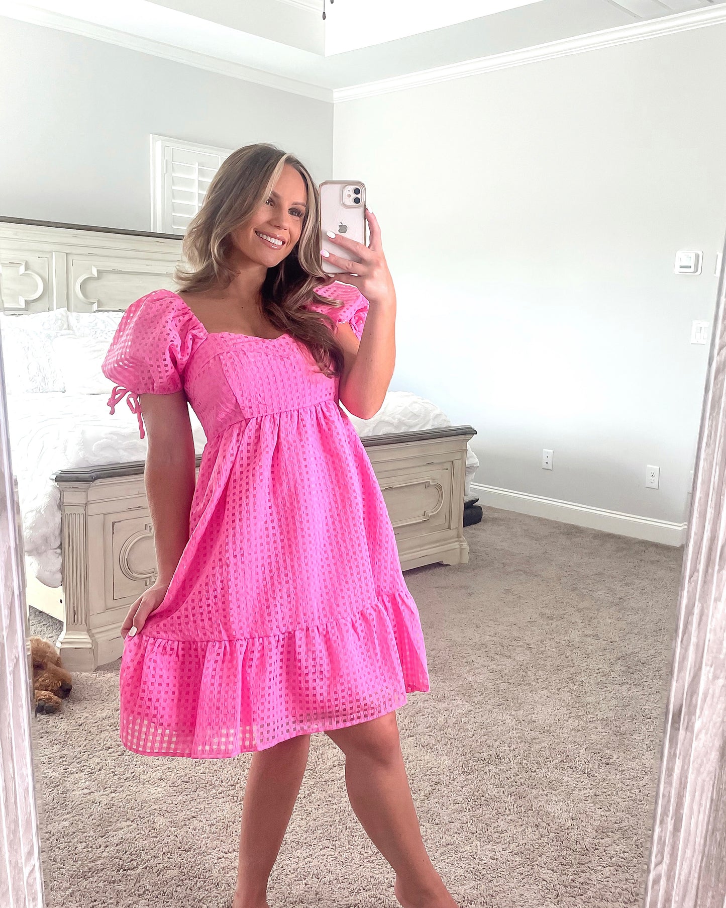 Hot Pink Puff Sleeve Mini Dress