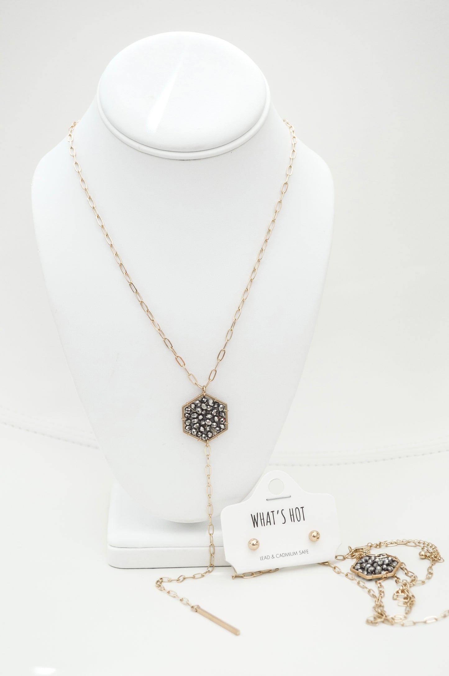 Gold Hexagon Long Necklace & Earring Set