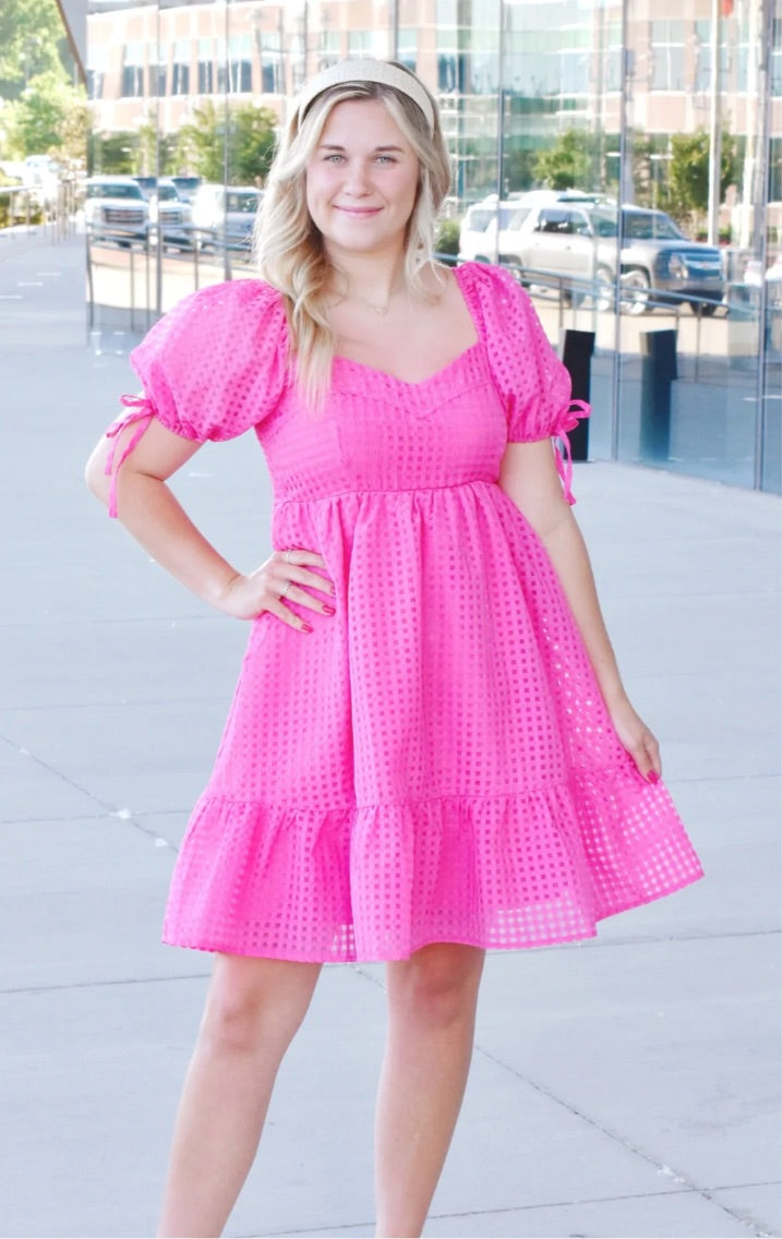 Hot Pink Puff Sleeve Mini Dress