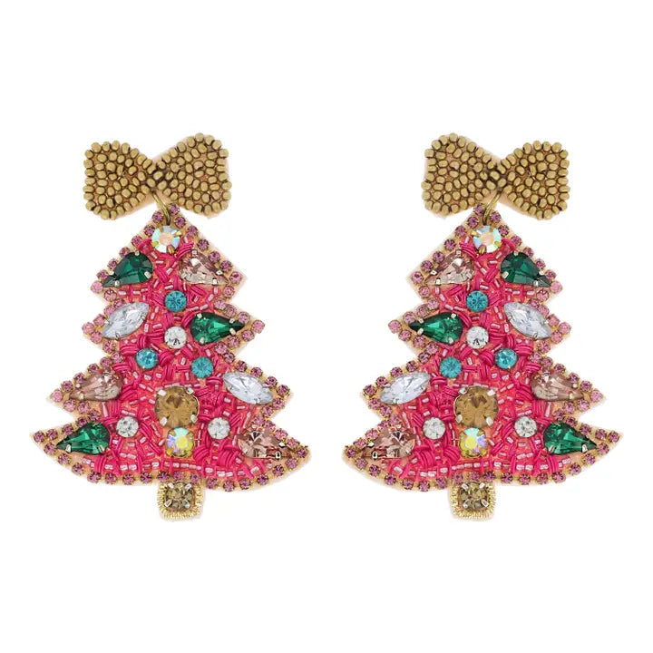 Beaded Pink Christmas Tree Earrings