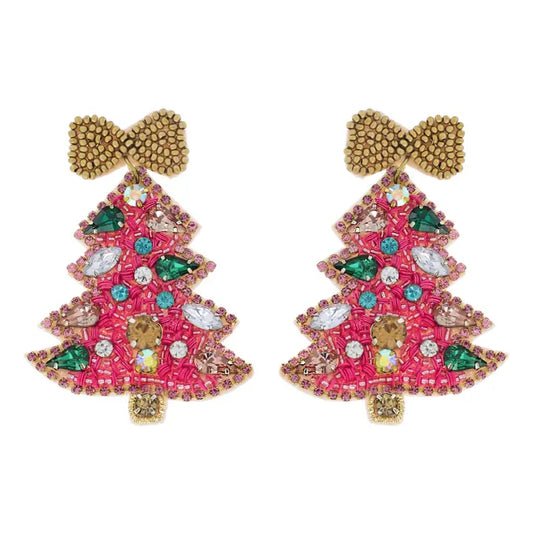 Beaded Pink Christmas Tree Earrings